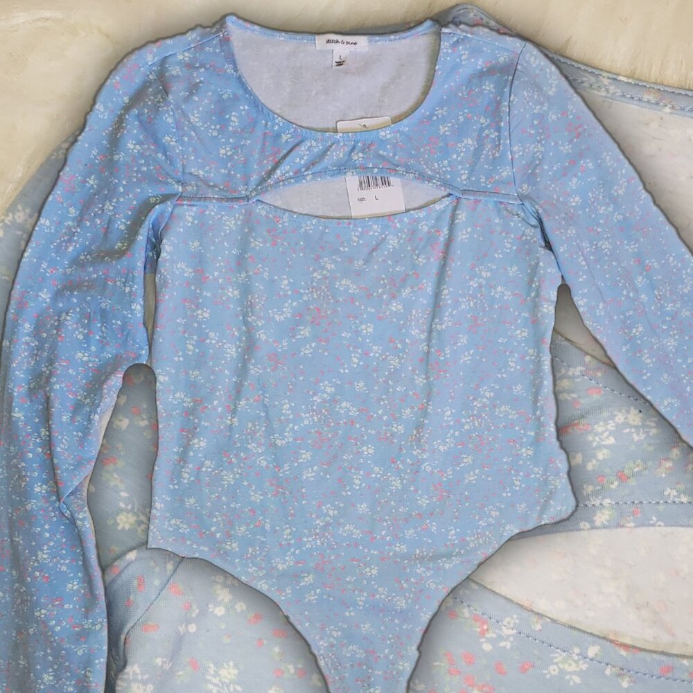 NWT Cottagecore Blue ditsy floral long sleeve bodysuit Cut Out Bodycon